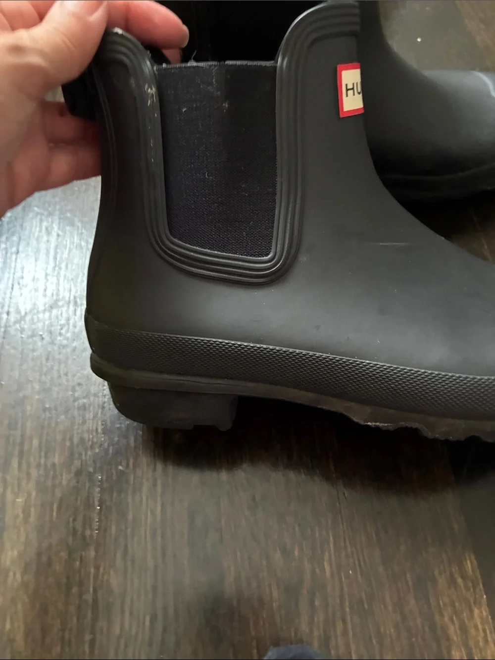 Hunter Black Chelsea Rain Boots with Red Logo